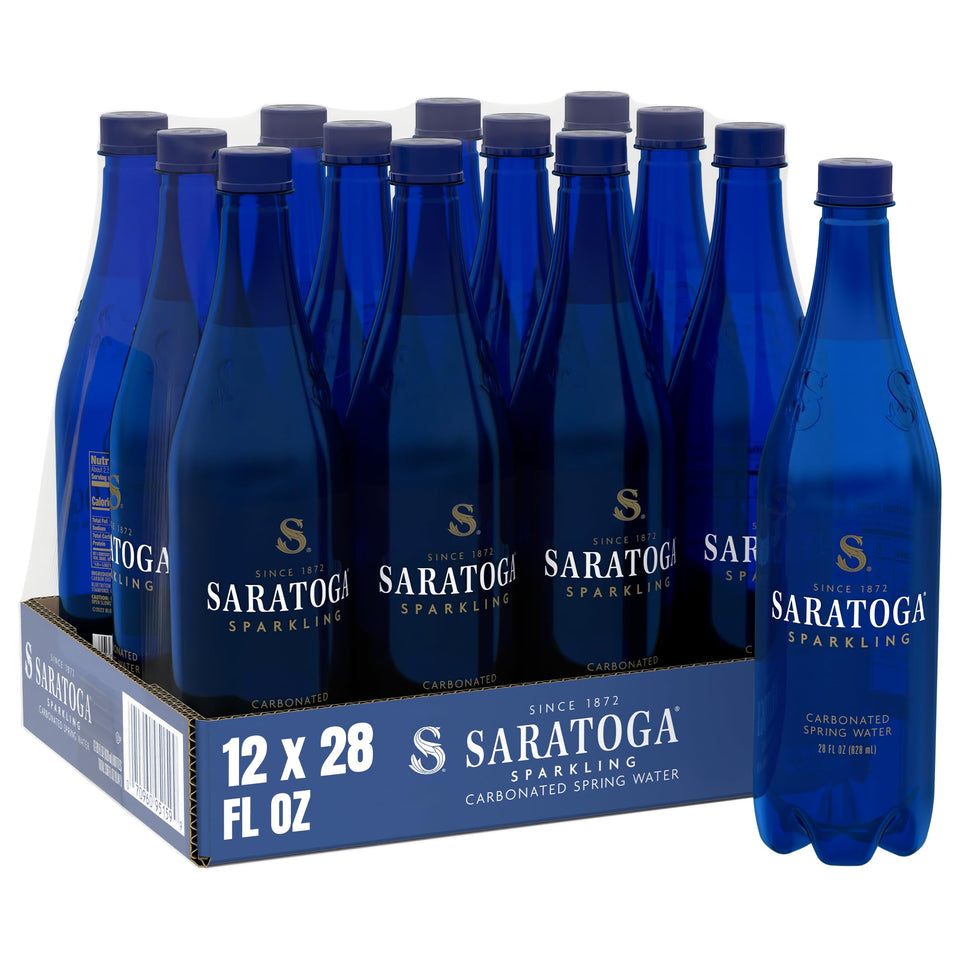 Saratoga Sparkling Water 28oz bottle with blue label for travel.