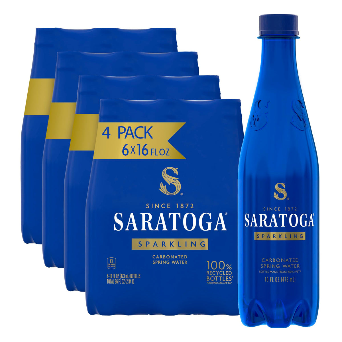 Saratoga Sparkling Water blue bottle showcases crisp spring flavor for refreshing hydration.