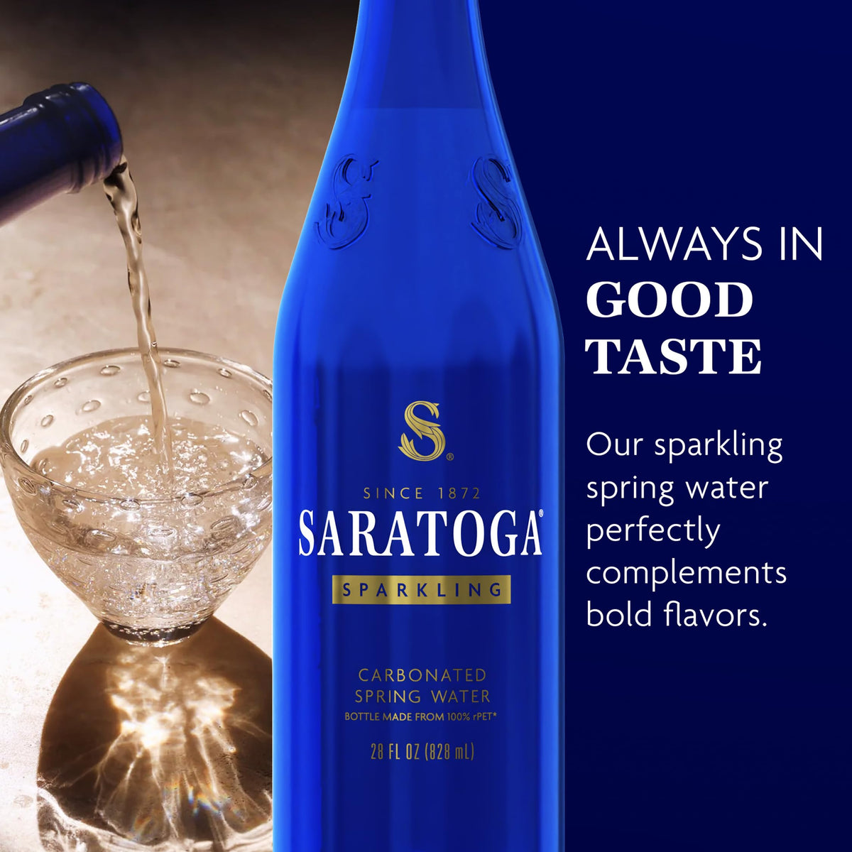 Saratoga sparkling water poured into glass with crisp bubbles.