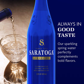 Saratoga sparkling water poured into glass with crisp bubbles.