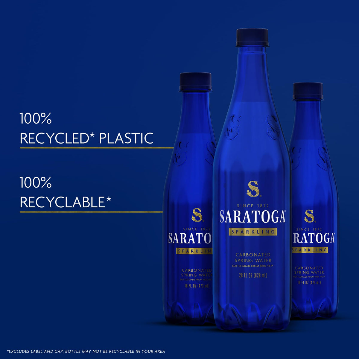 Saratoga Sparkling Water bottle emphasizes 100% recycled container and sustainable design.