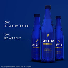 Saratoga Sparkling Water bottle emphasizes 100% recycled container and sustainable design.