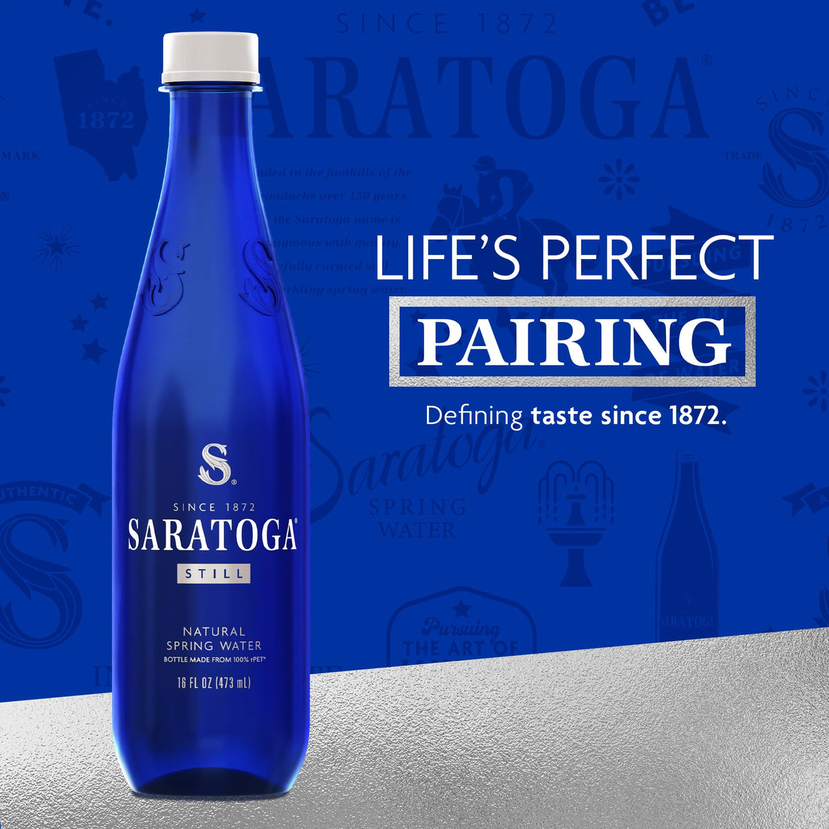 Saratoga 16 oz blue bottle close-up showing cap and label