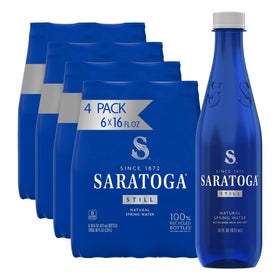 Saratoga Spring Water 24-pack front view in the iconic blue bottle for daily hydration
