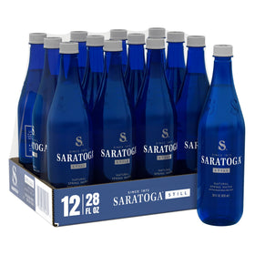 Saratoga Spring Water in a cobalt blue 28 oz bottle for on-the-go refreshment.