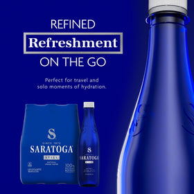 Saratoga signature blue bottle emphasizing heritage and taste