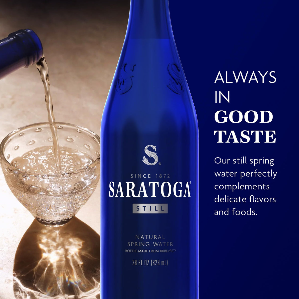 Saratoga still water 12-pack ready for travel, workouts, and outdoor meals.