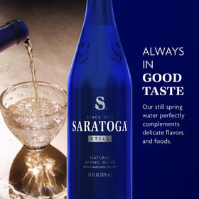 Saratoga still water 12-pack ready for travel, workouts, and outdoor meals.