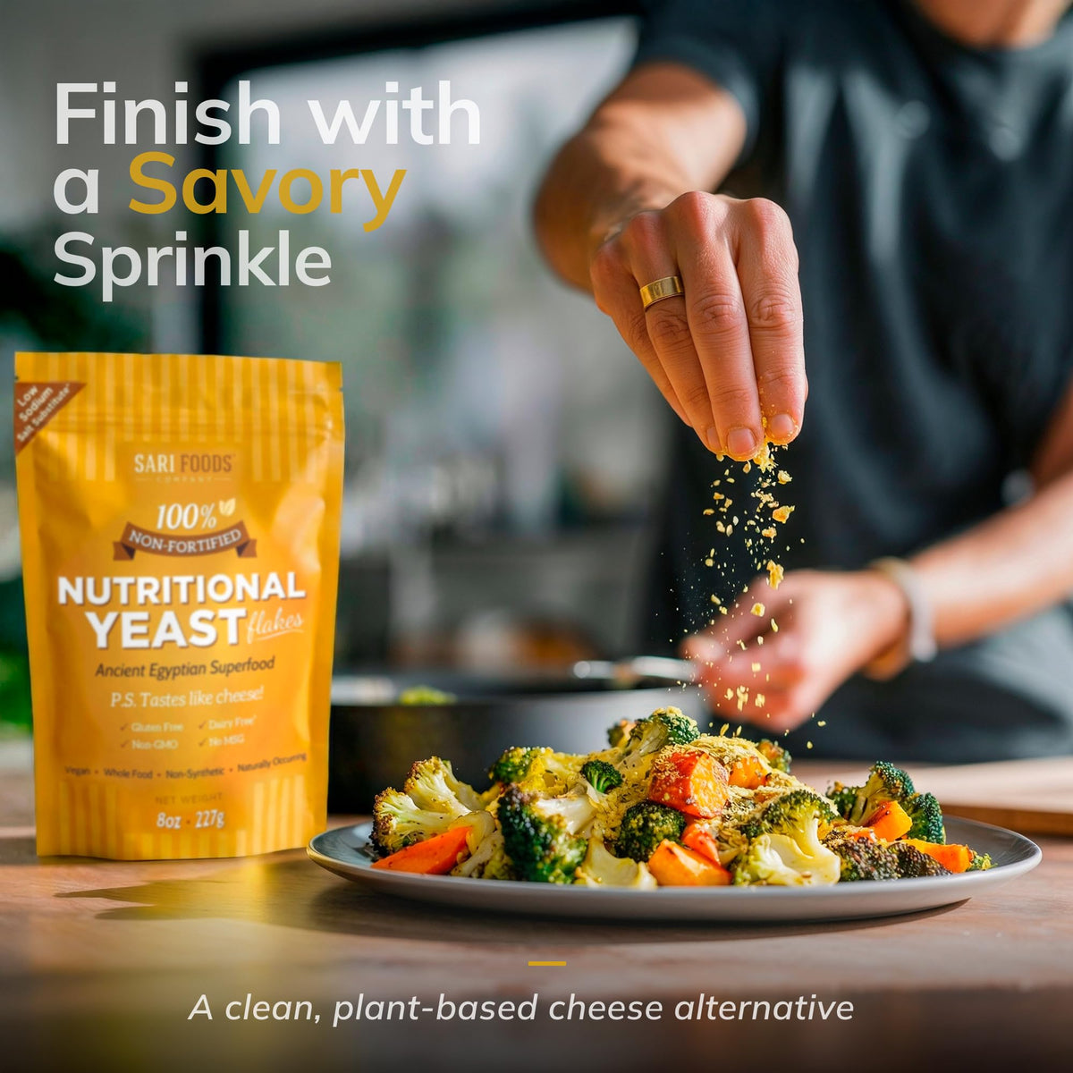 Sari Foods Co Non Fortified Nutritional Yeast Flakes on a counter ready to season dishes.