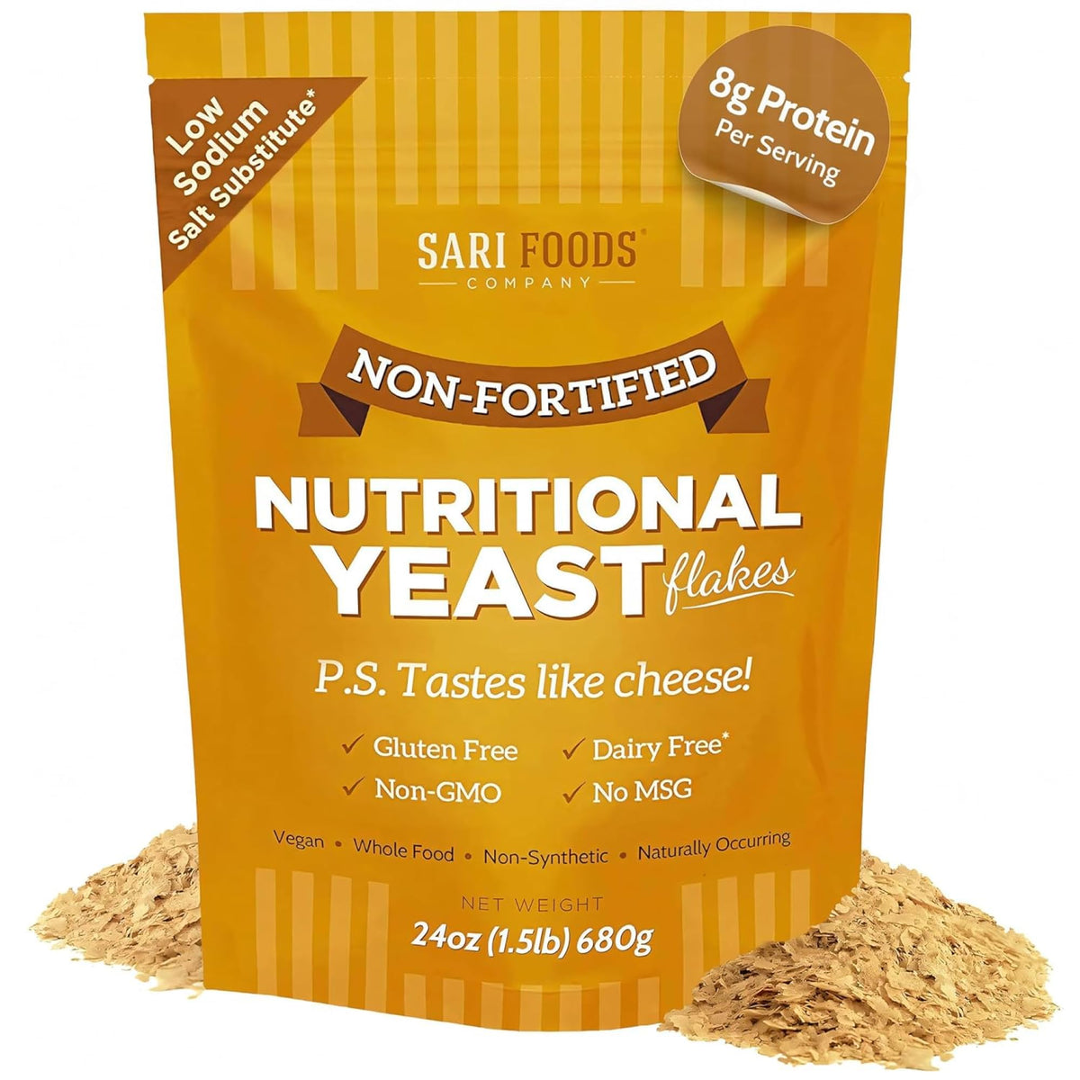 Sari Foods Co Non Fortified Nutritional Yeast Flakes pack shot showing vegan protein and B vitamins.