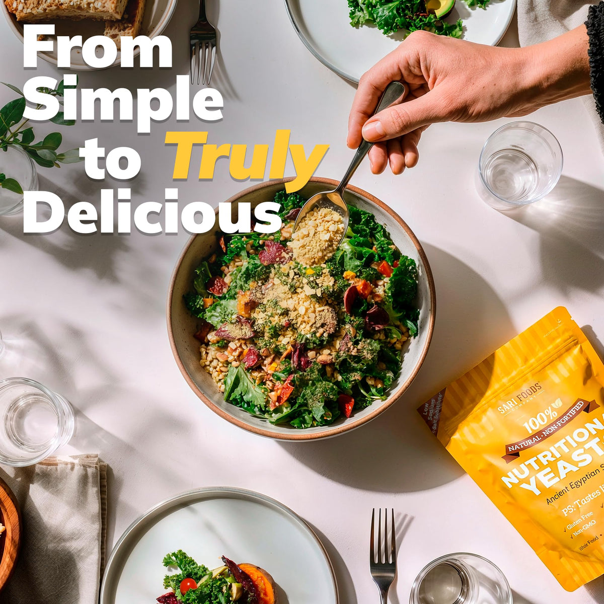 Sari Foods Co Non Fortified Nutritional Yeast Flakes dusted over pasta for a cheesy, nutty vegan finish.
