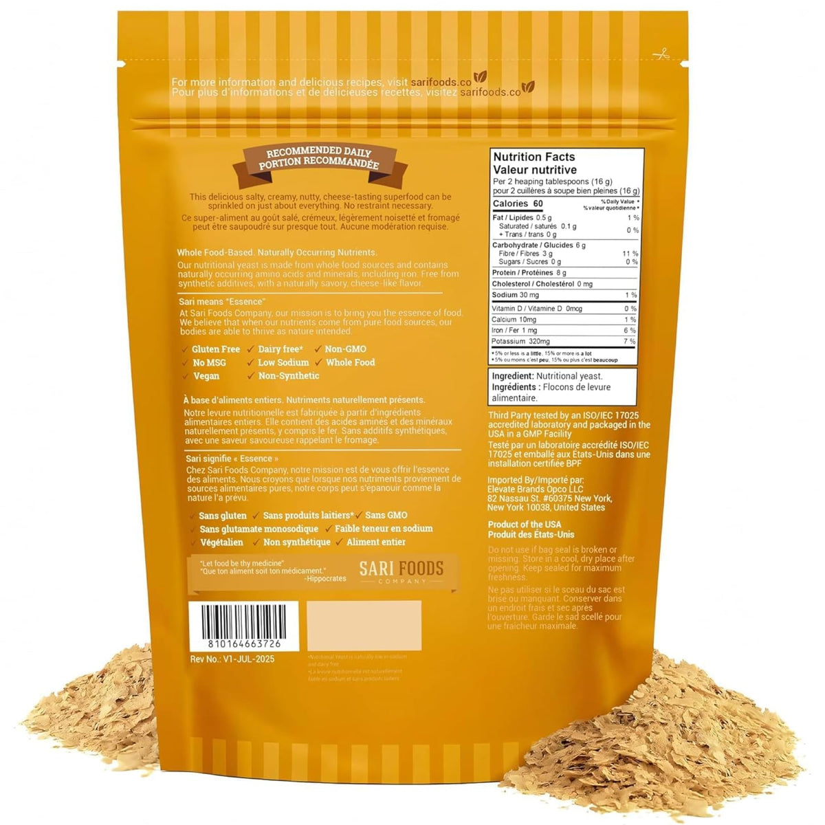 Sari Foods Co Non Fortified Nutritional Yeast Flakes with a spoon for easy topping and flavor.