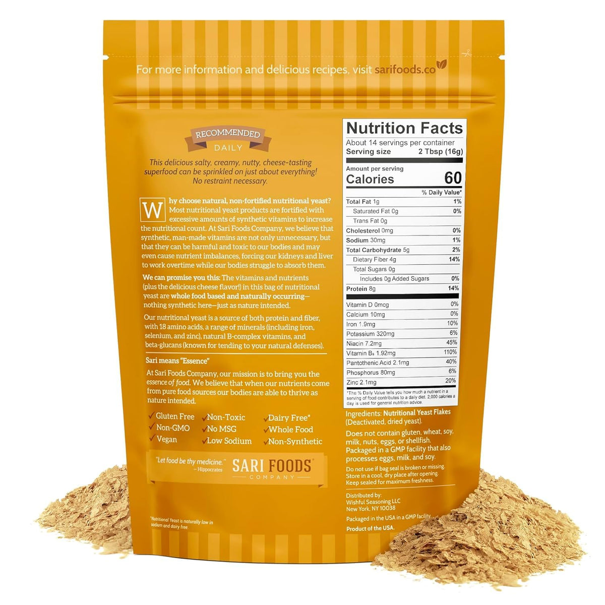Sari Foods nutritional yeast flakes close-up texture for savory, nutty notes.