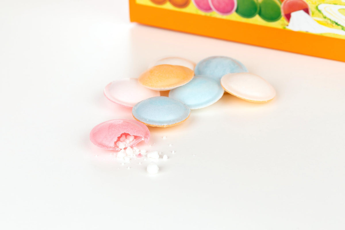 Gerrit's Satellite Wafers flying saucer close-up – pastel wafers with tangy powder.