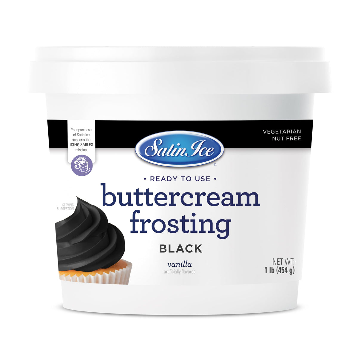 Satin Ice black buttercream frosting in a 1lb pail for smooth coverage.
