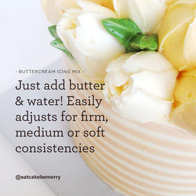 Satin Ice Buttercream Icing Mix mixing process shows easy whip for smooth frosting.
