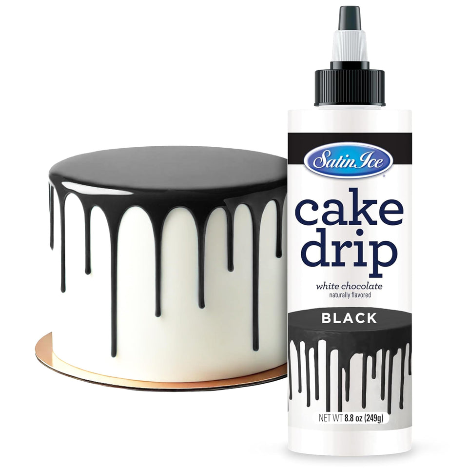 Satin Ice Cake Drip Black bottle pour for bold, glossy cake edges.