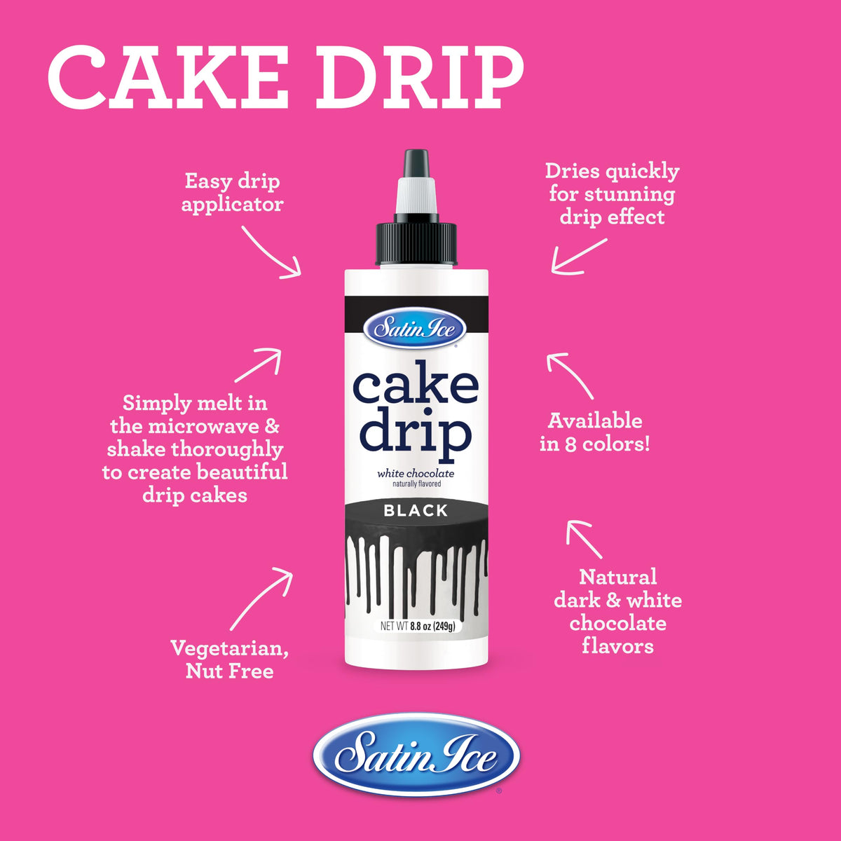 Satin Ice Cake Drip Black drizzle on a cake for a dramatic finish.