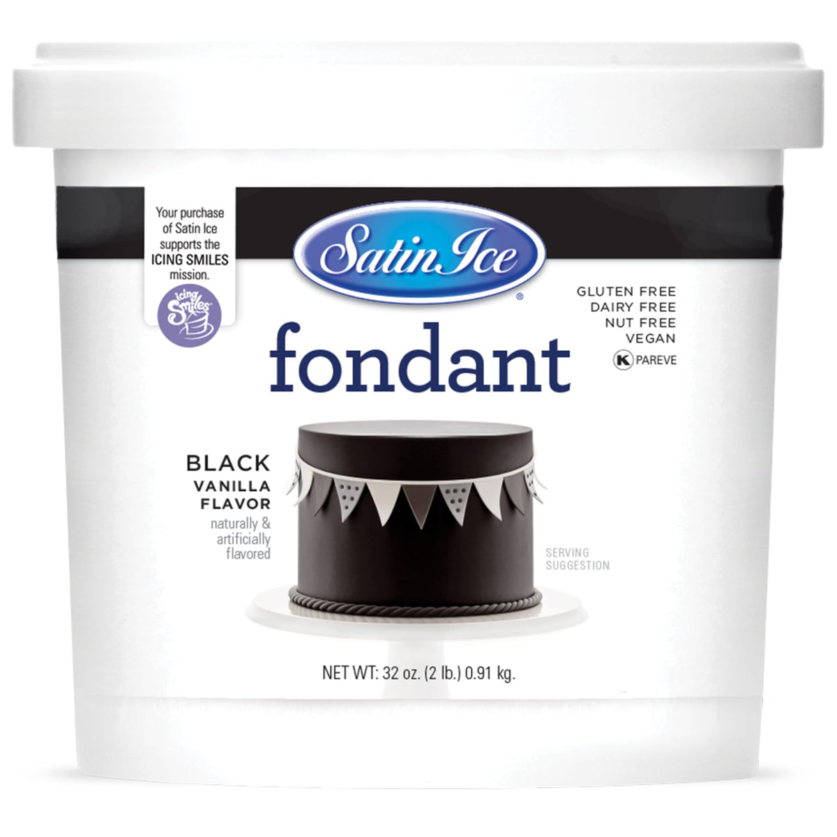 Satin Ice black fondant 2lb bottle, ready for seamless coverage and consistent texture.