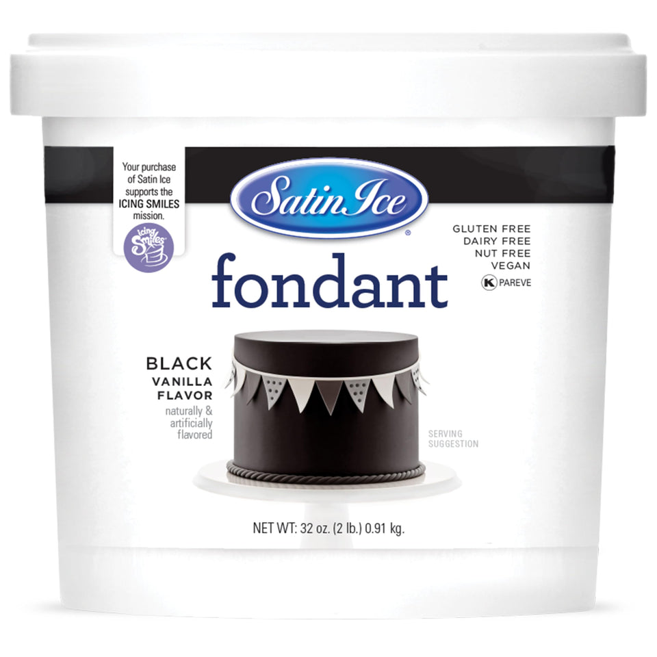 Satin Ice black fondant 2lb bottle, ready for seamless coverage and consistent texture.