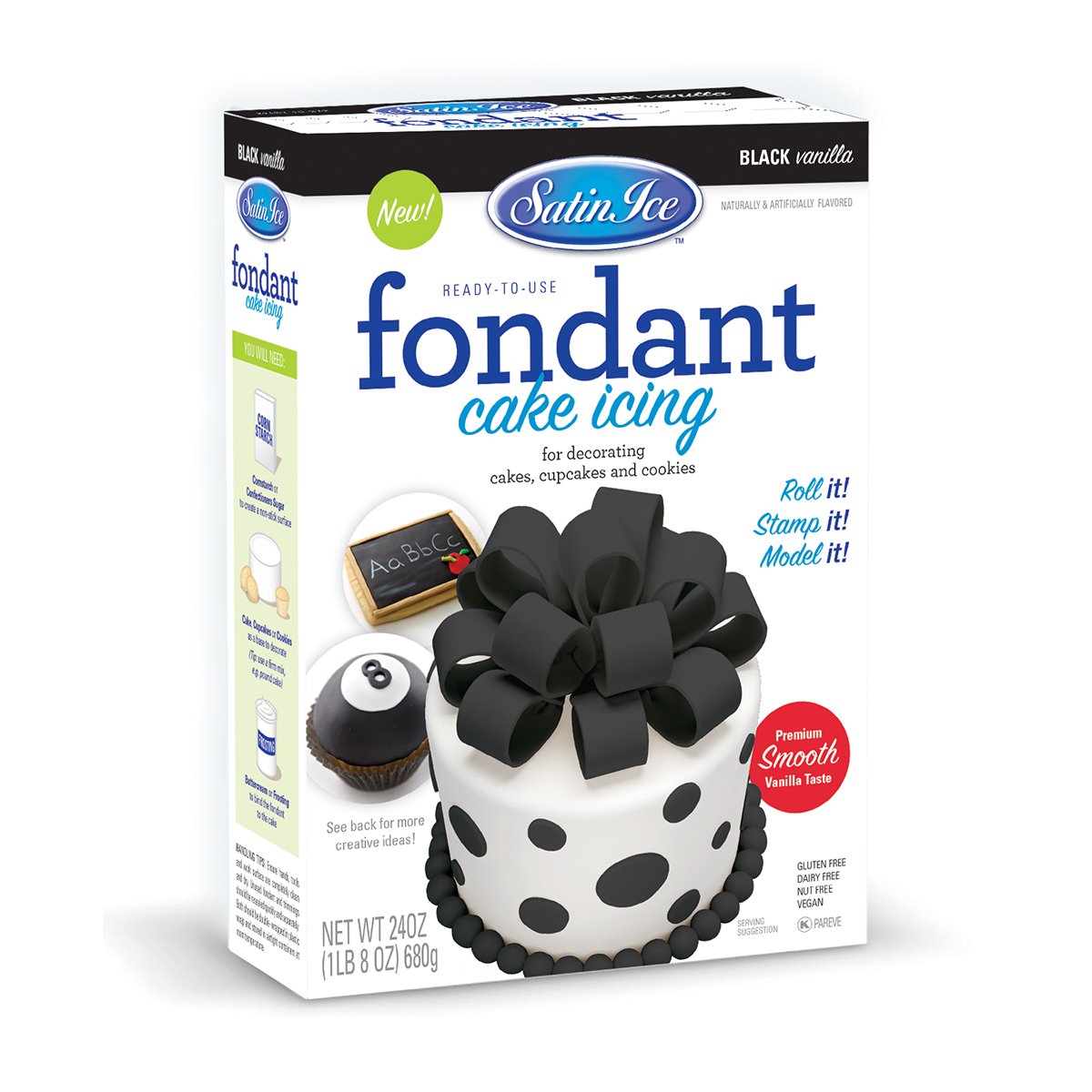 Satin Ice Black Fondant 24oz for sleek cake covering and flawless finish