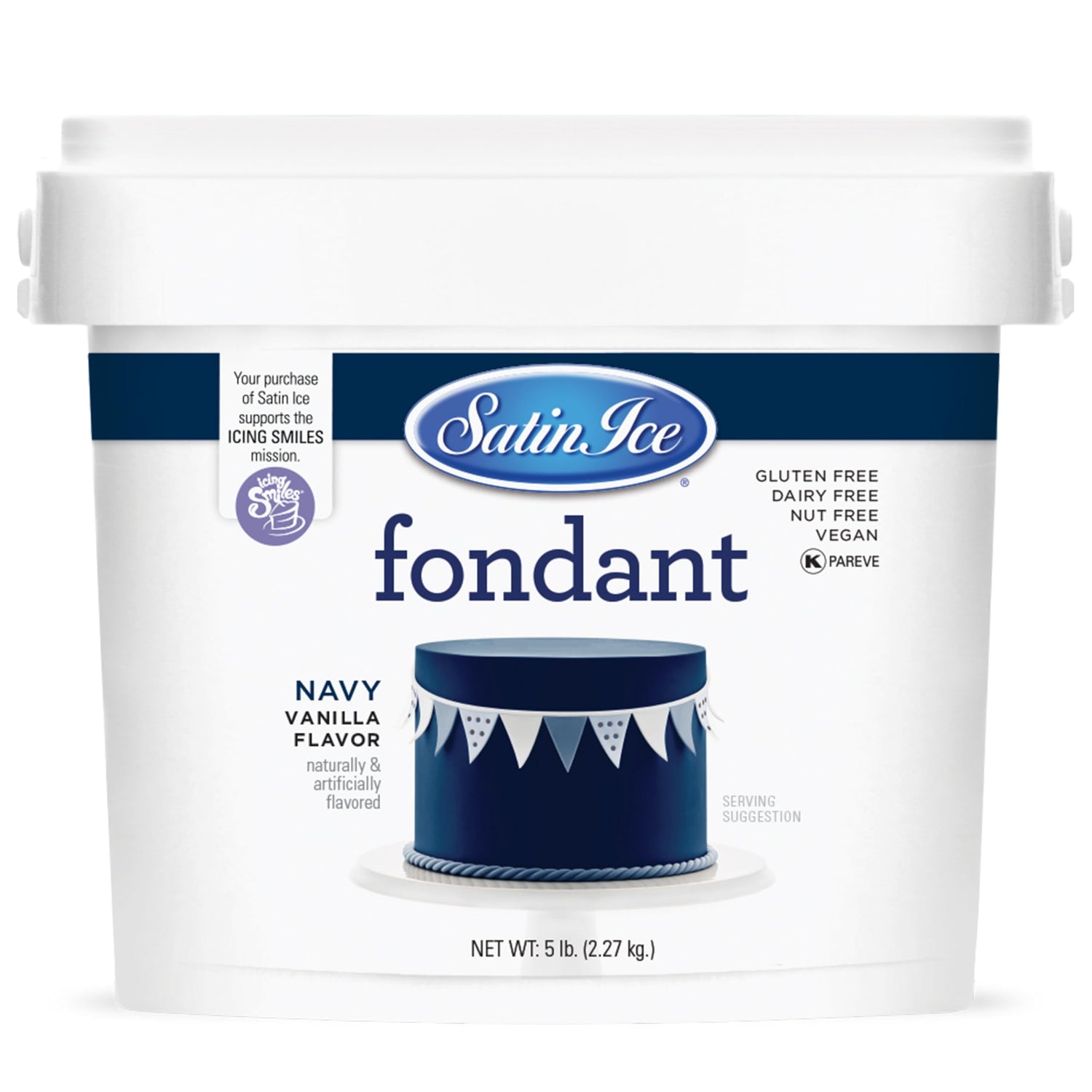 Satin Ice Navy fondant covers a cake with a smooth finish.