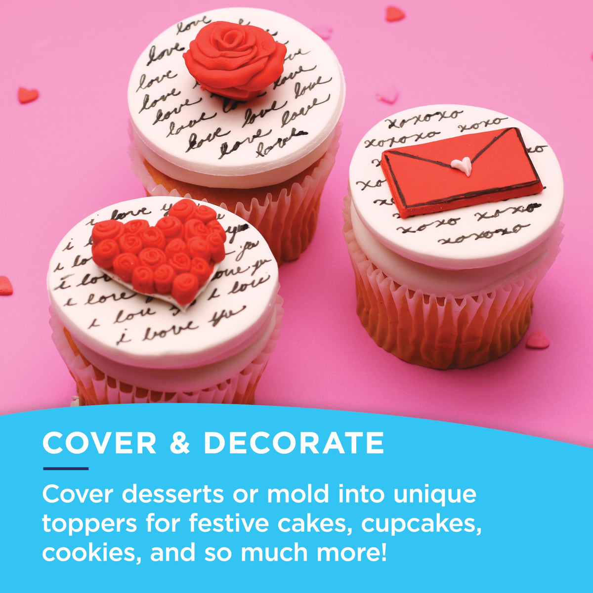 Satin Ice fondant toppers and molds demonstrate decorating versatility.
