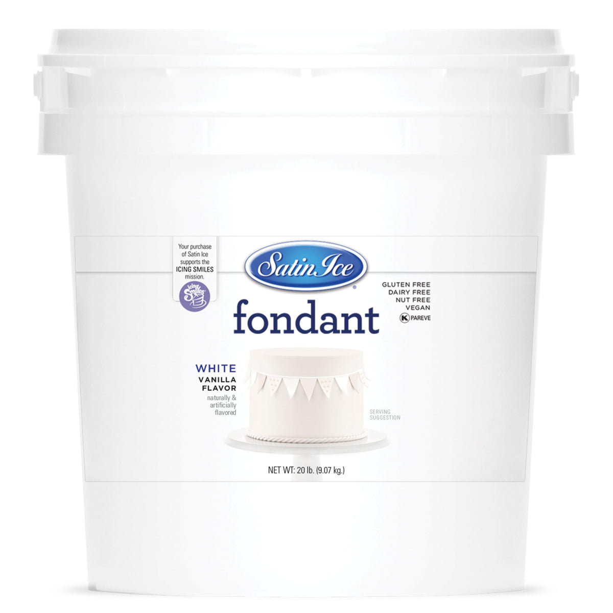 Satin Ice fondant white 20 lb packaging, ideal for bulk orders and smooth prep.