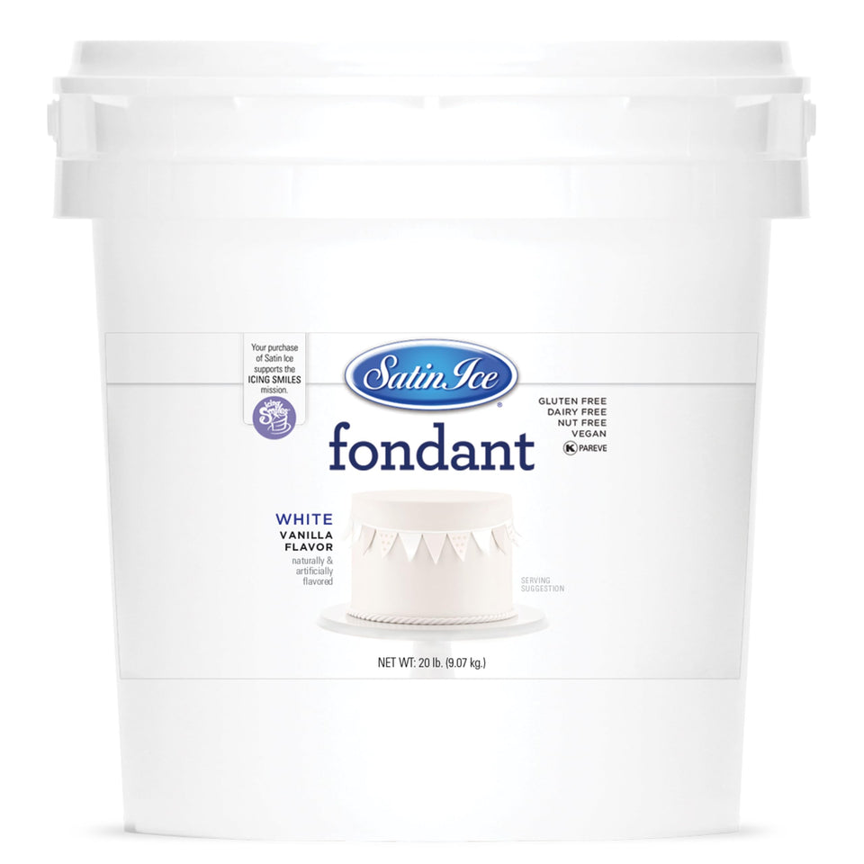 Satin Ice fondant white 20 lb packaging, ideal for bulk orders and smooth prep.