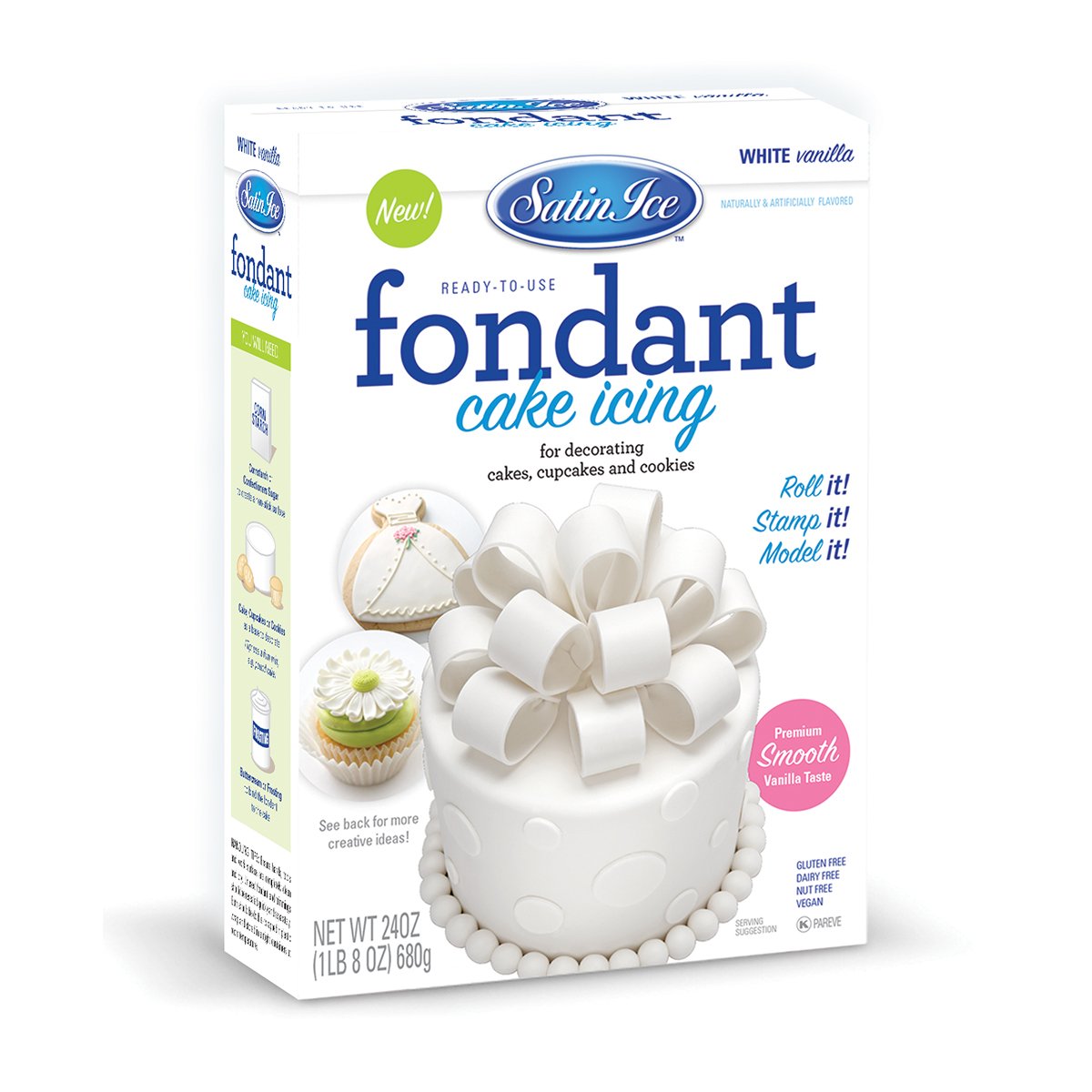 Satin Ice fondant white 24oz packaging showing a convenient tub for decorators
