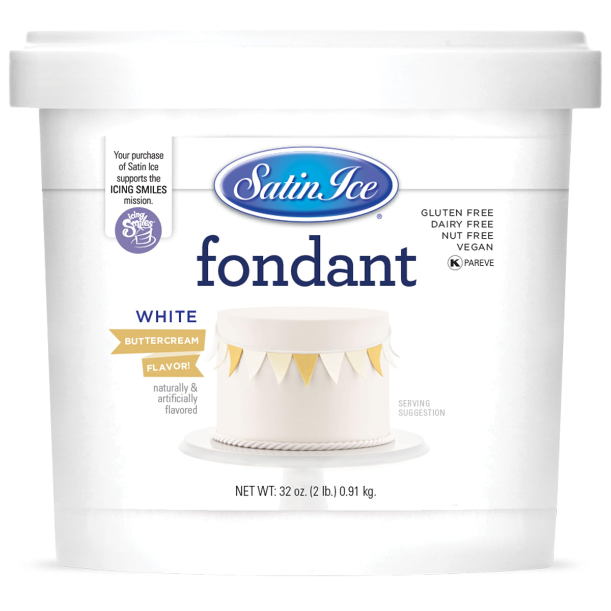 Satin Ice fondant white buttercream 2 lb packaging for smooth cake coverage.