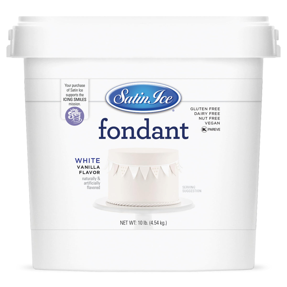 Satin Ice fondant white packaging shows premium quality for cake covering.