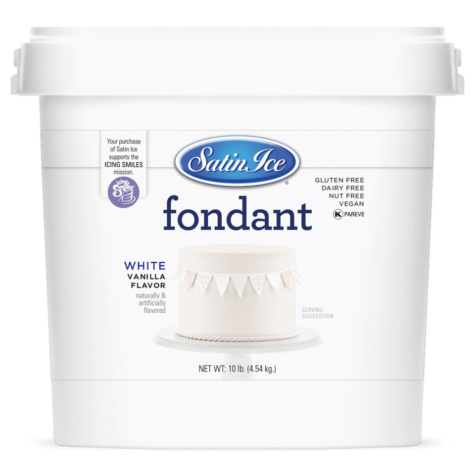 Satin Ice fondant white packaging shows premium quality for cake covering.