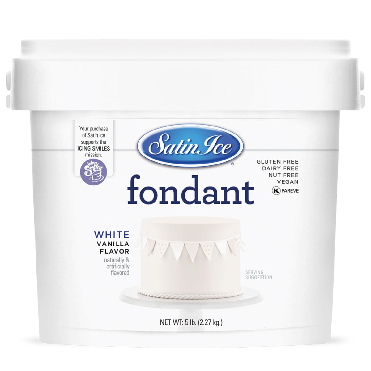 Satin Ice fondant white vanilla 5lb pail for smooth cake coating.