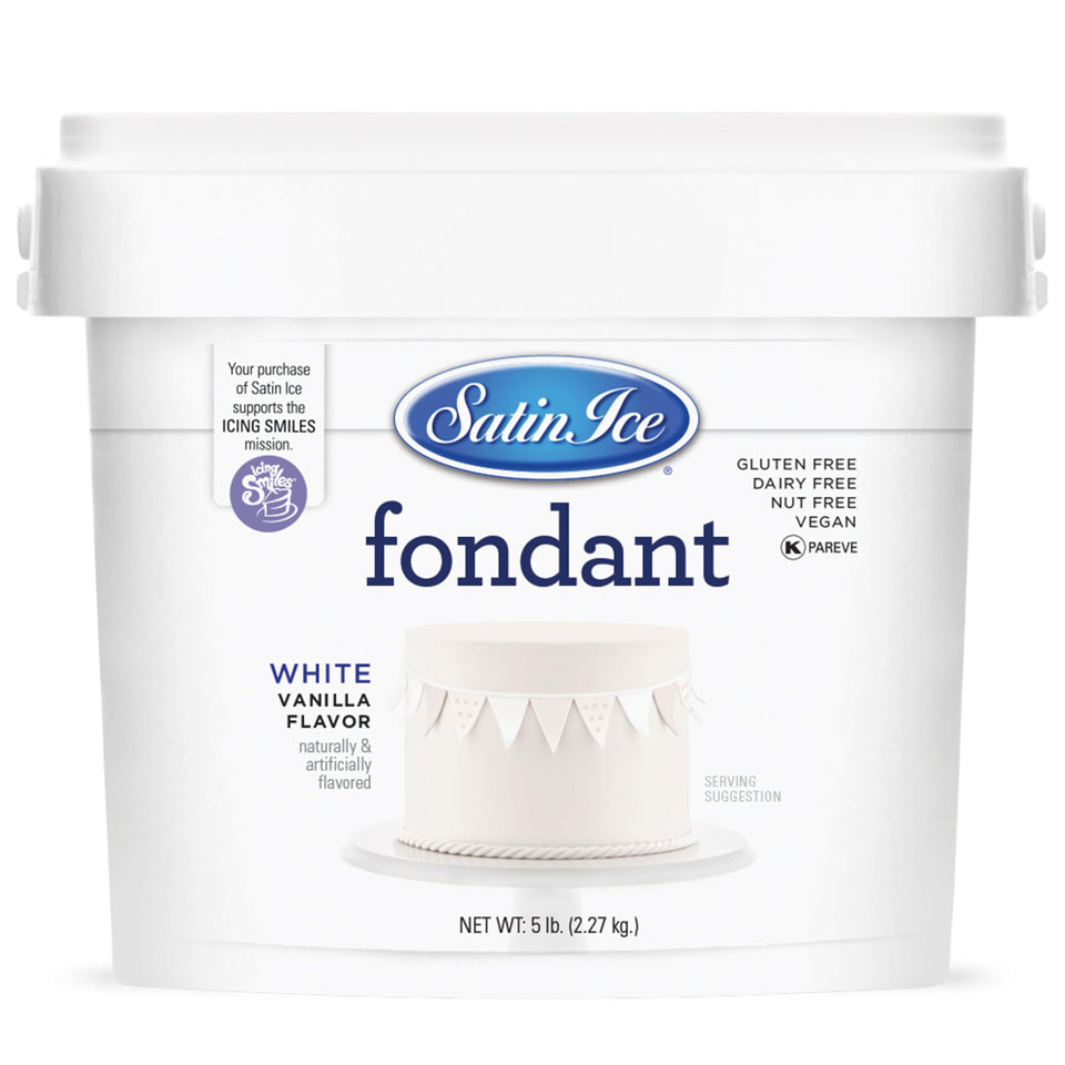 Satin Ice fondant white vanilla 5lb pail for smooth cake coating.