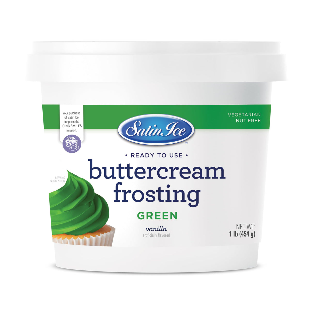 Satin Ice Green Buttercream Frosting 1lb Pail with unopened lid for ready-to-use convenience.