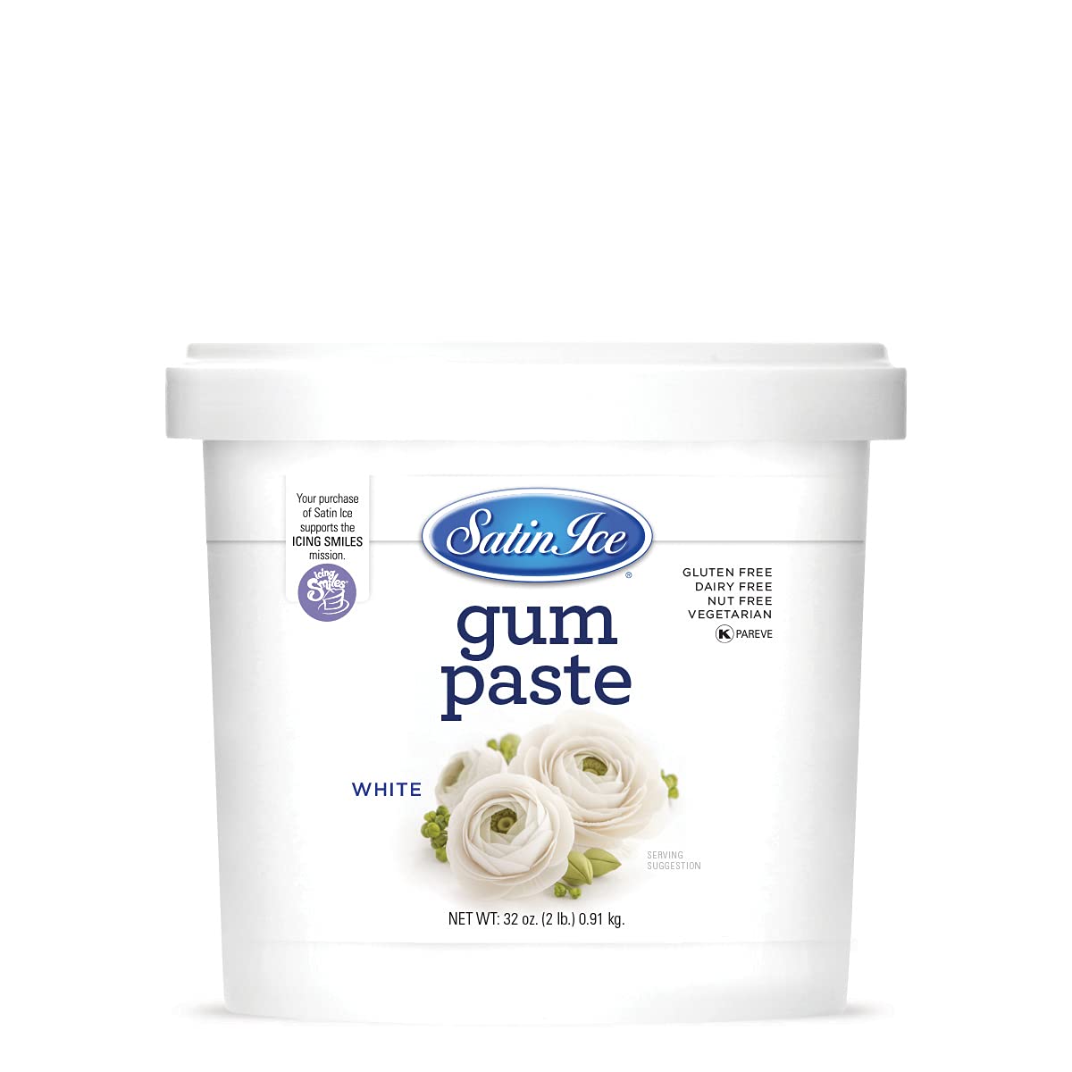 Satin Ice white 2lb roll shows smooth, pliable texture for detailed decorations.