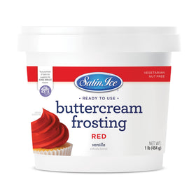 Satin Ice red buttercream frosting on a cake for easy smoothing
