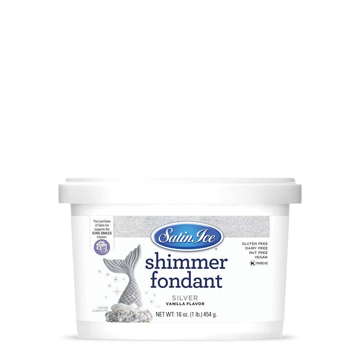 Satin Ice Silver Shimmer fondant packaging showing 1 lb block for decorating