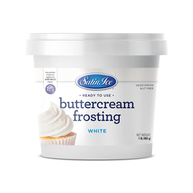 Satin Ice white buttercream frosting 1lb pail showing smooth spread for flawless cakes