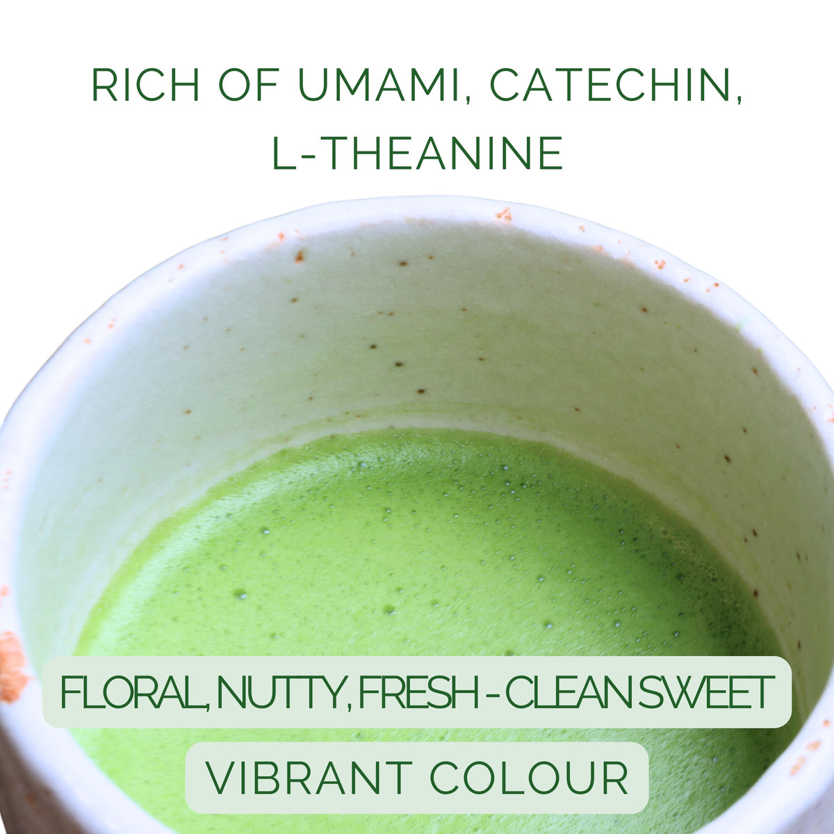 SATOEN bright green cup of prepared ceremonial matcha showcases color.