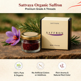 Sattvaya saffron threads in a glass jar highlighting deep red color.