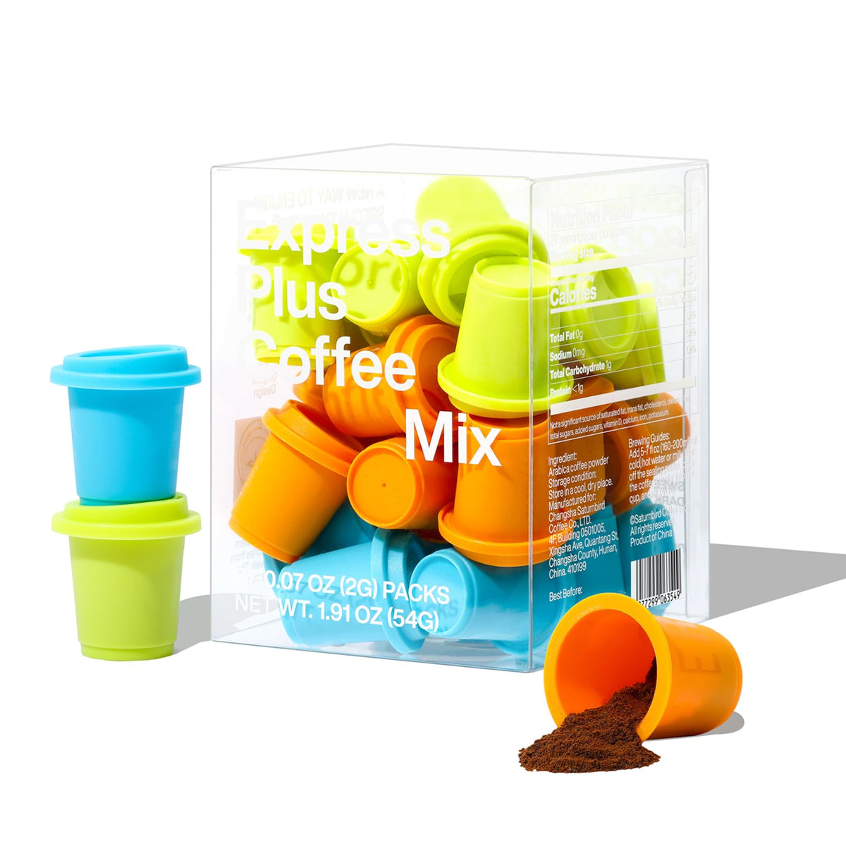 SaturnBird Express Plus instant coffee packets shown, ideal for quick, mess-free mornings.