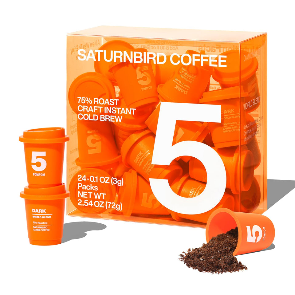 SaturnBird No.5 Dark Roast pods close-up, premium Arabica aroma and quick brew.