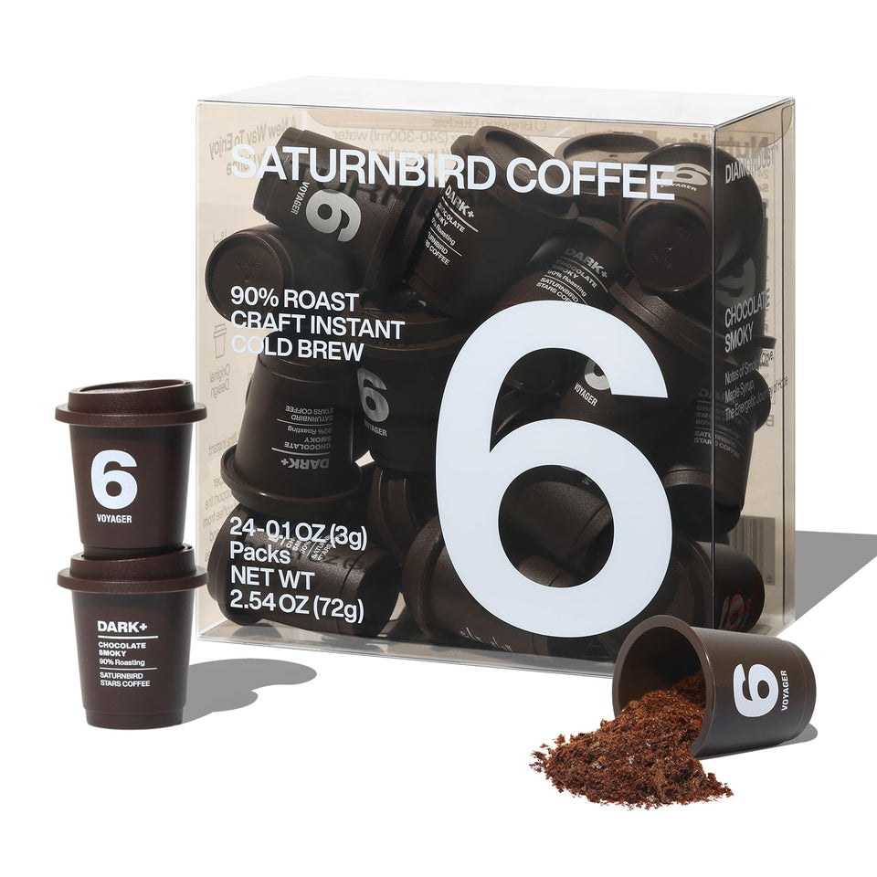 SaturnBird Super Instant Coffee Pods packaging showcases a compact, travel-friendly design for on-the-go mornings.