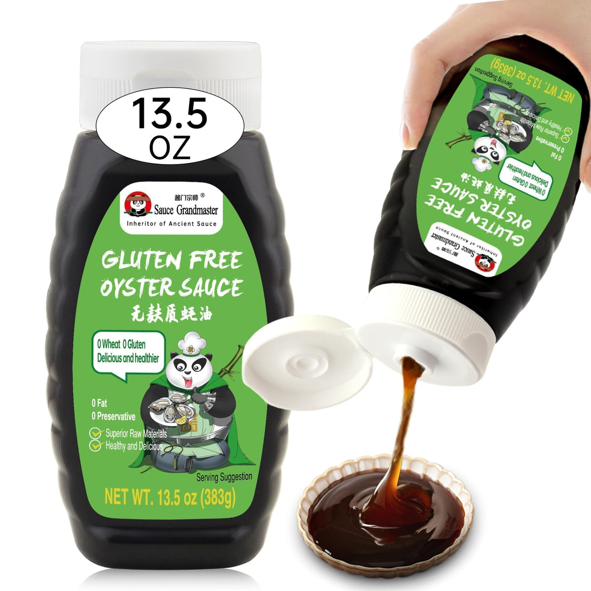 Sauce Grandmaster bottle pouring a rich oyster glaze for cooking