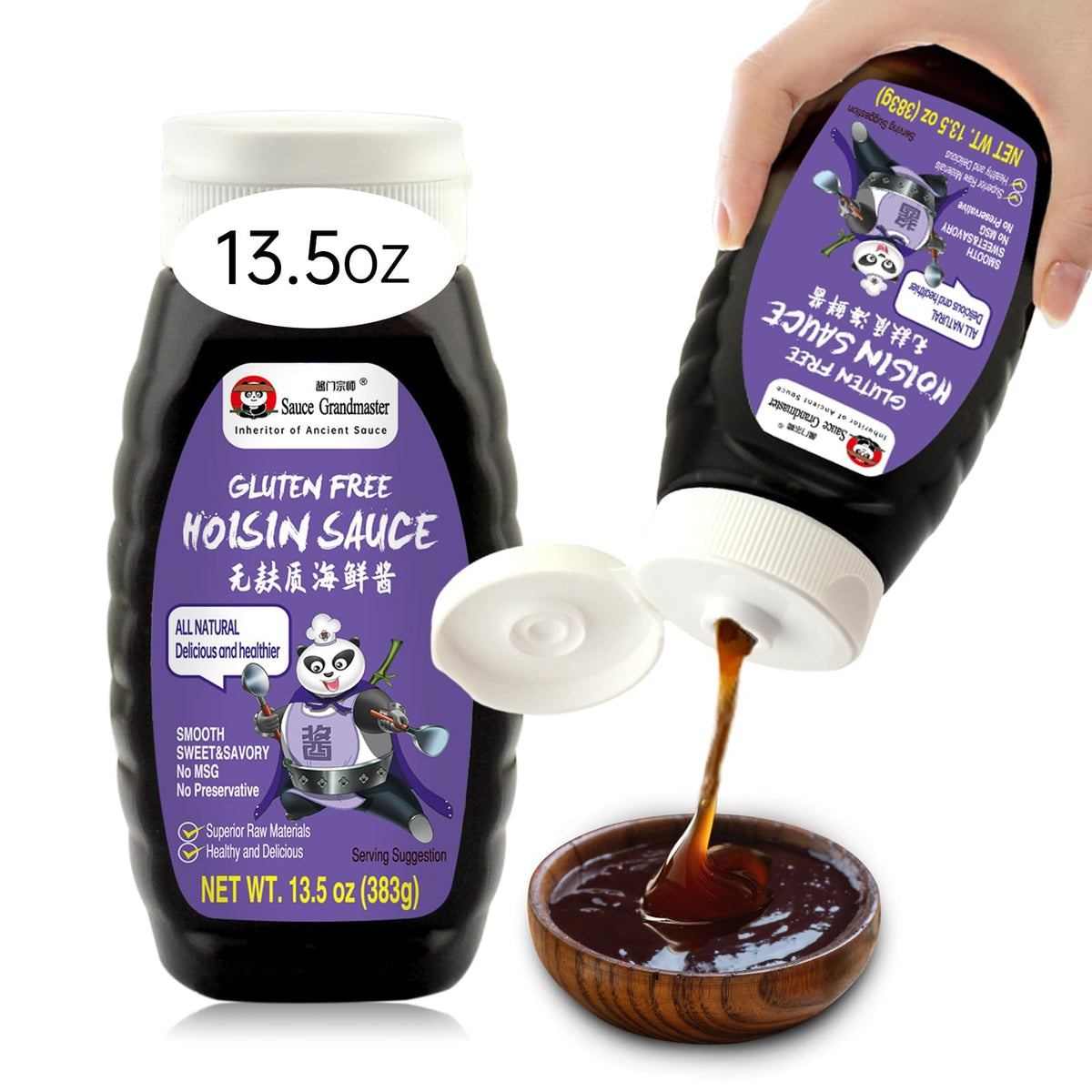 Sauce Grandmaster hoisin bottle close-up for all-natural flavor in meals