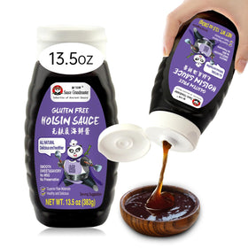 Sauce Grandmaster hoisin bottle close-up for all-natural flavor in meals