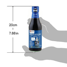 Sauce Grandmaster label highlights gluten-free non-GMO ingredients.
