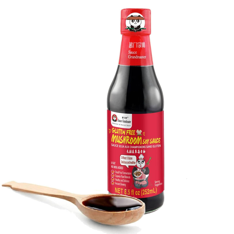 Sauce Grandmaster mushroom dark soy bottle highlighting gluten-free, rich umami